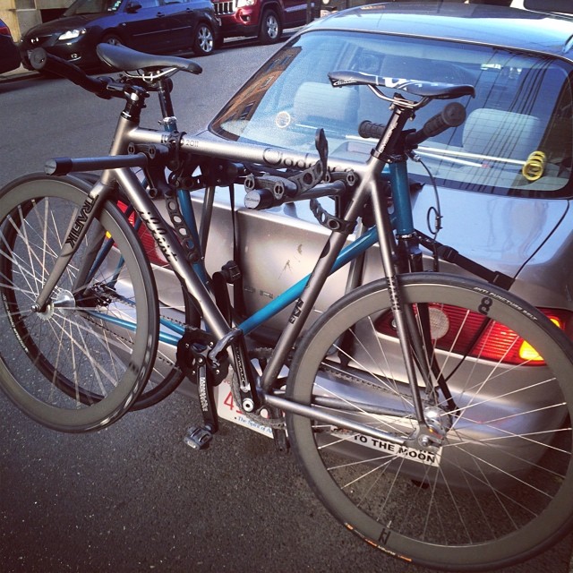 One bike, two bike, grey bike, blue bike. With the mallets in the back. #bostonbikepolo #kagero #roadtrip #pleasedontfalloff #bikepolo